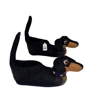 Sew Heart Felt Dachshund Slippers Womens 5-6 Black Wool Handmade New with Tags